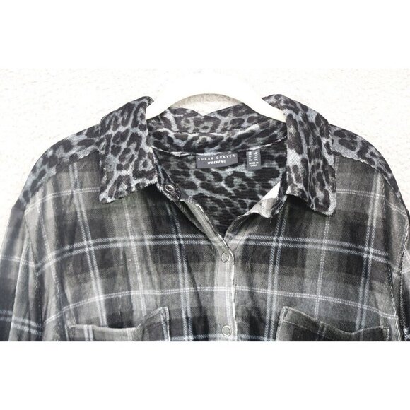 Susan Graver Weekend Plaid Velour Button Down Top-Size 1X-Animal Print Collar - Picture 5 of 11